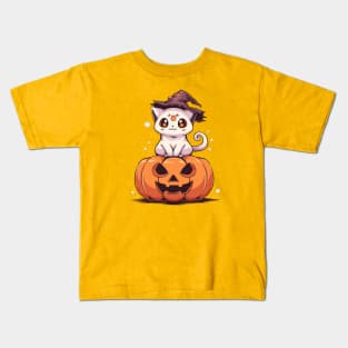 Cat ghost sitting on a pumpkin Kids T-Shirt